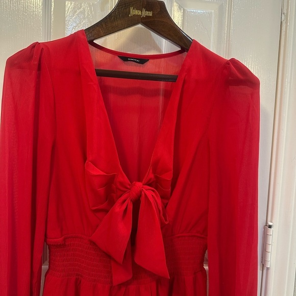 DOKOTOO MINI Red V Neck Front Long Tie Lantern Sleeve Ruffle Dress Size M - Picture 6 of 16